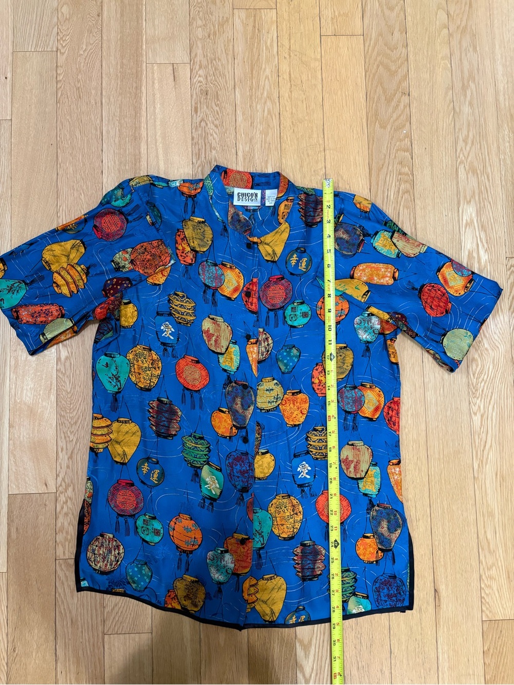 CHICOS NWT Vintage Silk Lantern Mandarin Blouse Top Blue Multi Size 1 M - Picture 6 of 8